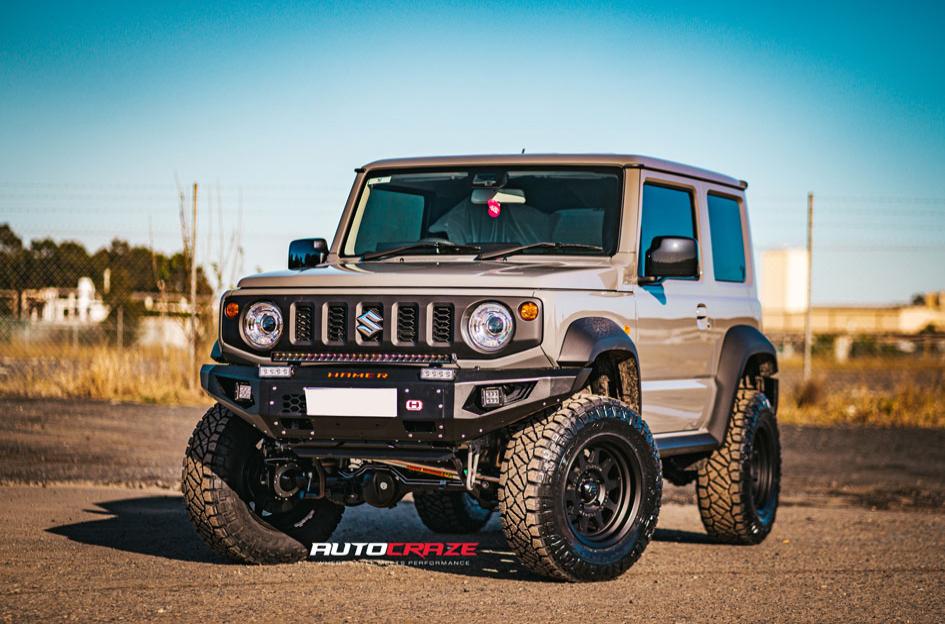Modified Suzuki Jimny with Black Rhino Stadium wheels front far view