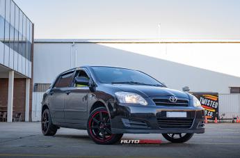 TOYOTA COROLLA MR142 SATIN BLACK W  RED STRIPE